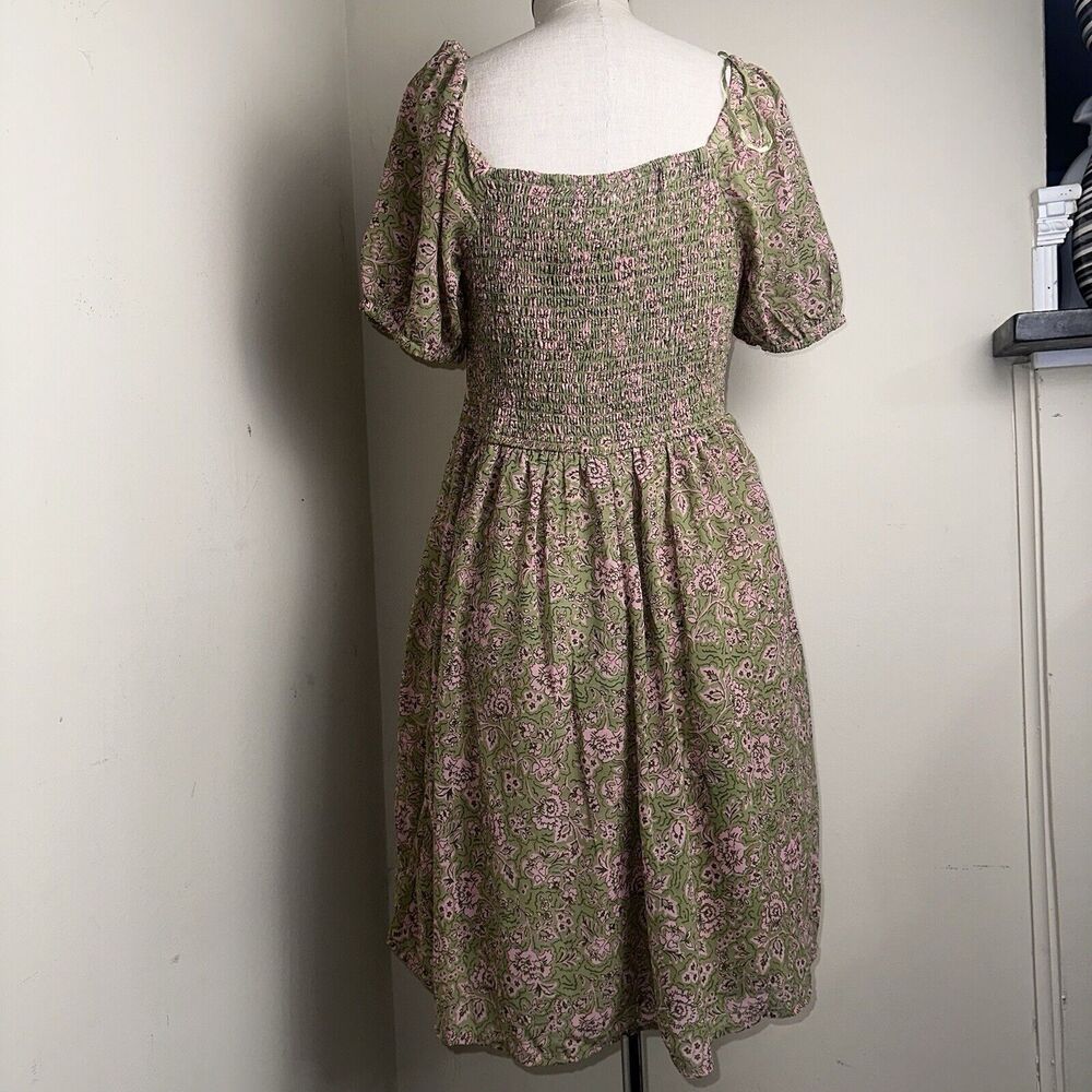 NWT Japna Olive Green Pink Floral Smocked Dress Puffy Sleeves Size X-Large NEW7 - Picture 7 of 9
